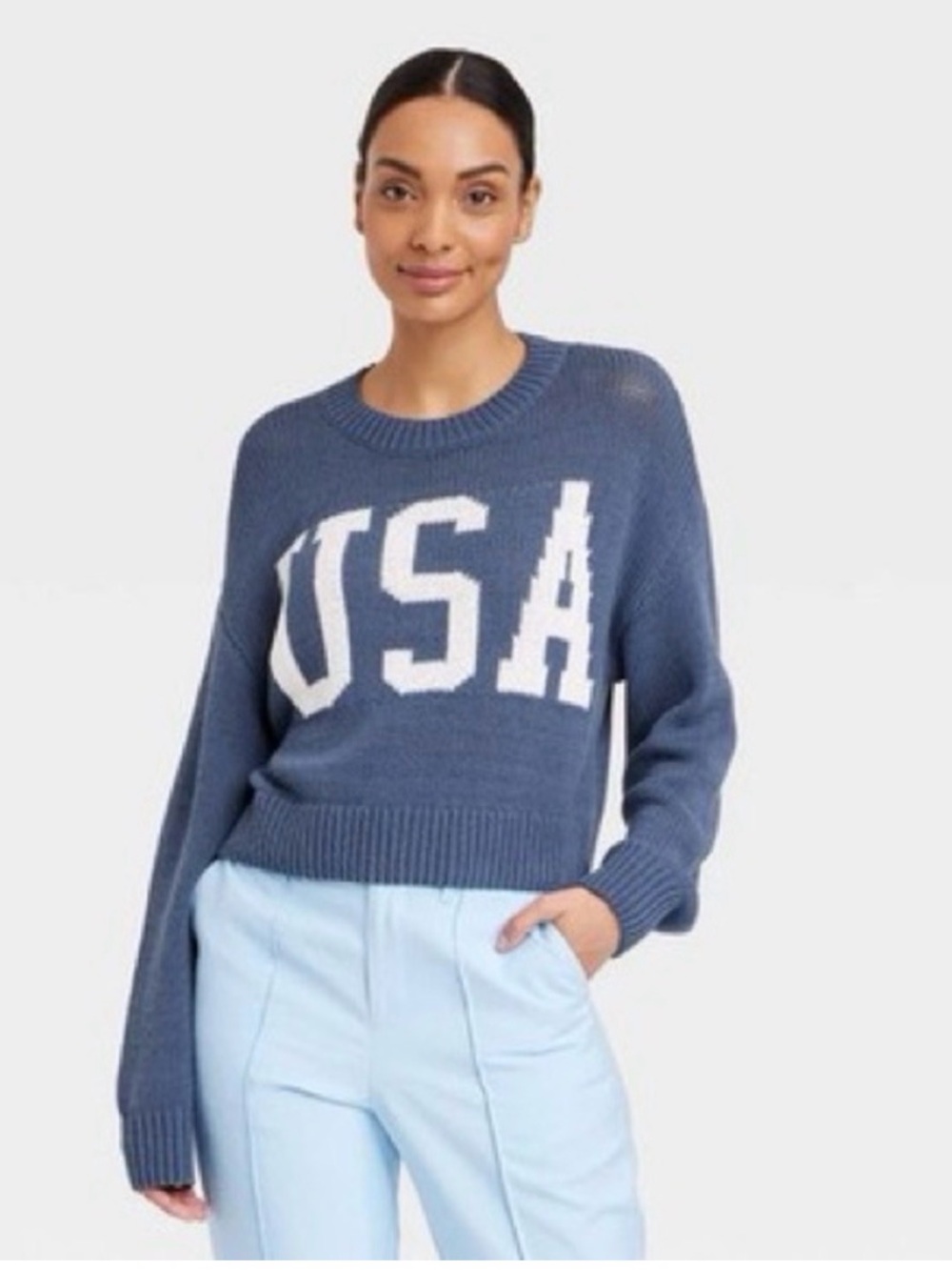 USA Greyson Threads Graphic Crewneck Crop Sweater - Blue